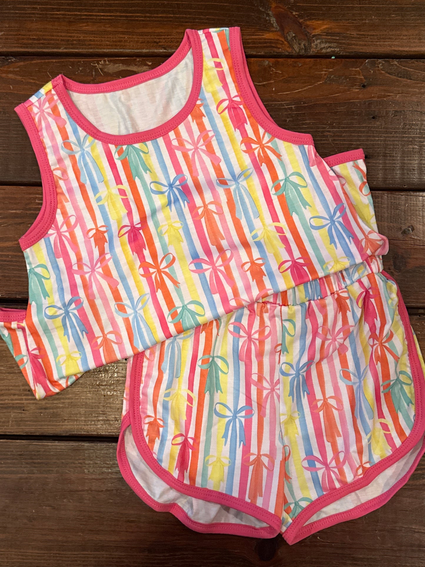 Bow striped girl shorts set