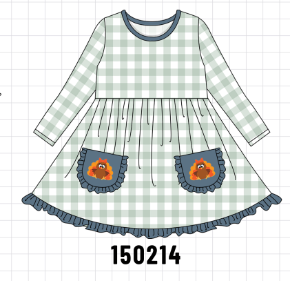 Sage Turkey Embroidery Gingham Dress