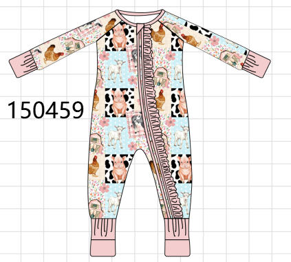 Pink Farm Animals Zip Bamboo Romper