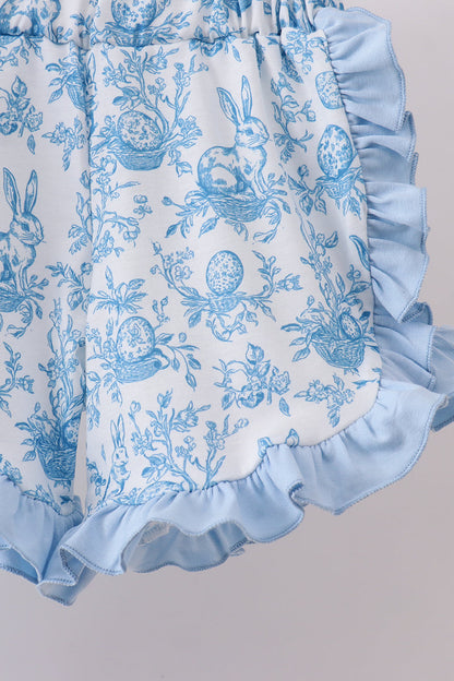 Blue bunny applique ruffle shorts set