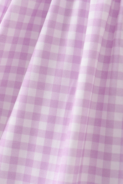 Purple floral embroidery gingham ruffle dress