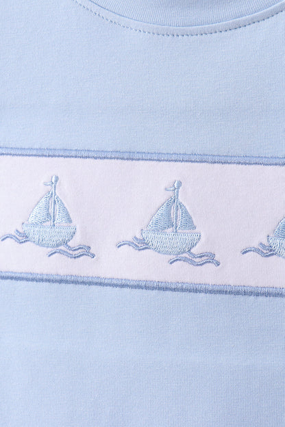 Blue Sailboat Embroidered Set