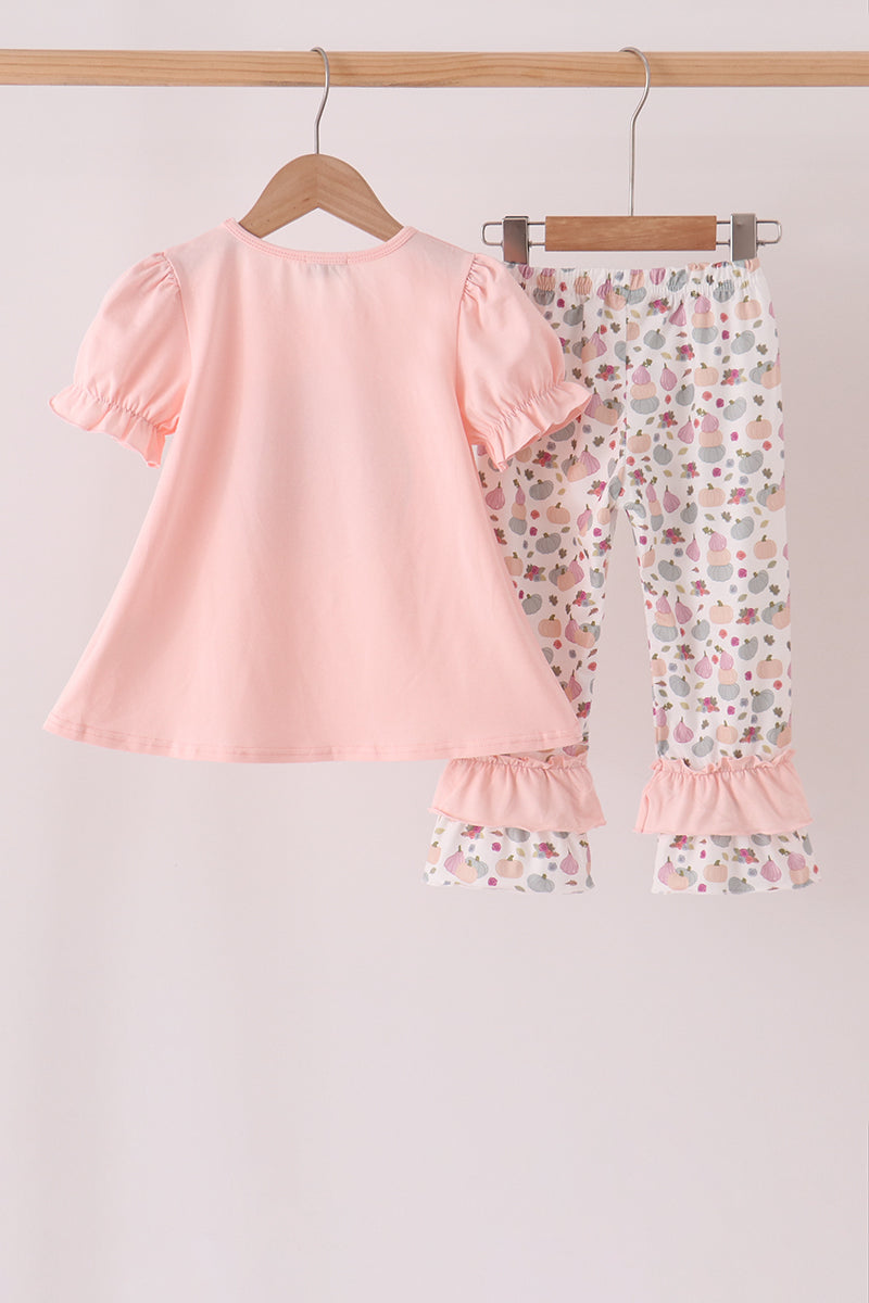 Pink pumpkin bow applique ruffle pants set