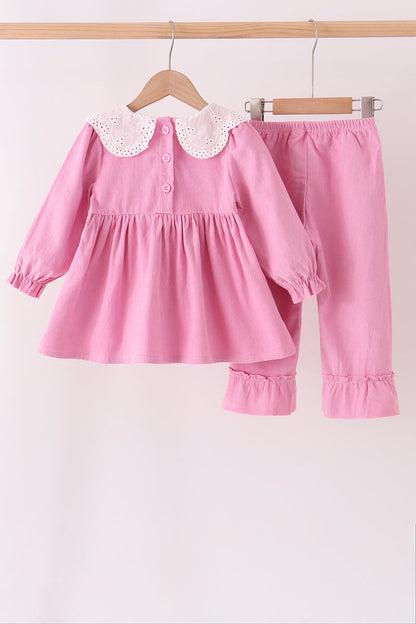 Pink corduroy lace smocked ruffle pants set