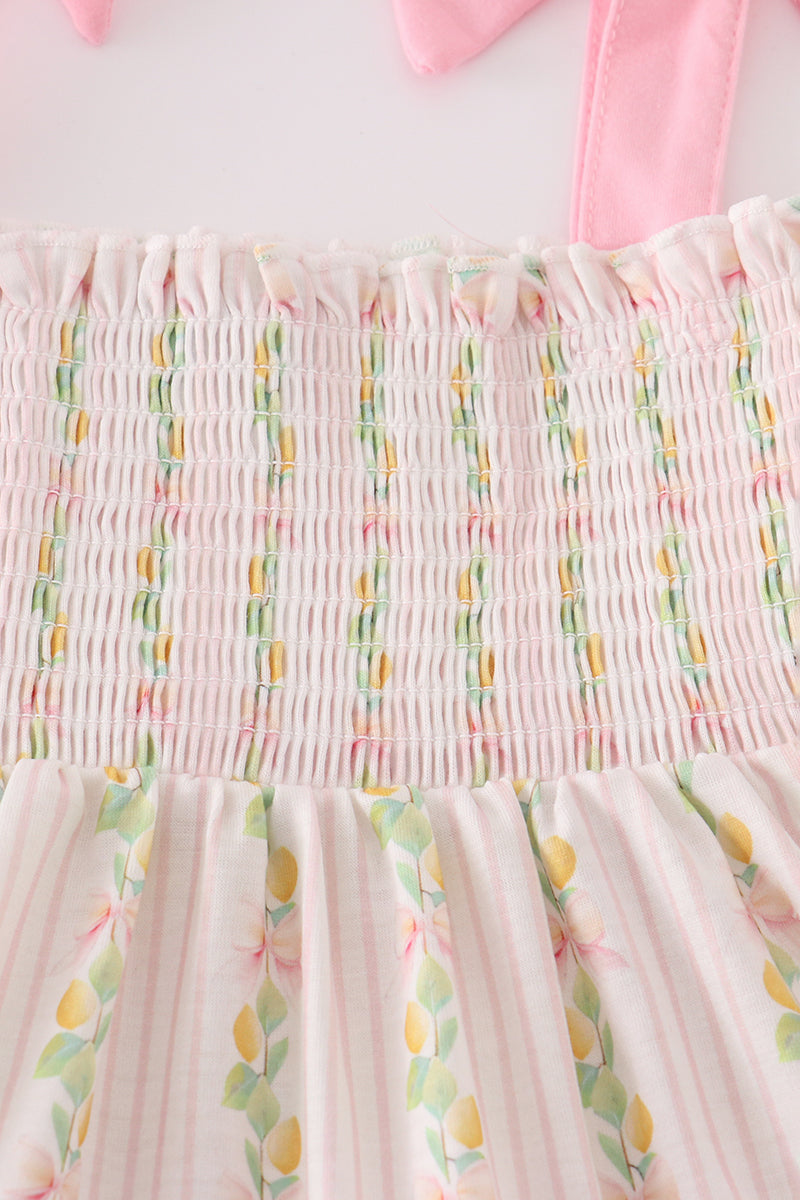Pink lemon print bow smocked tiered mom&me dress
