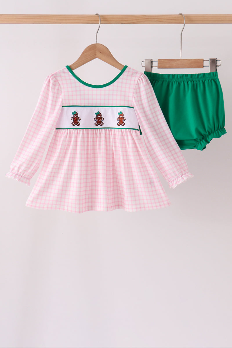 Pink Plaid Gingerbread Embroidery Bloomer Set