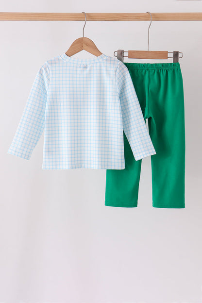 Blue Plaid Gingerbread Embroidery Pants Set