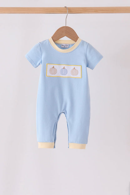 Blue pumpkin embroidery romper