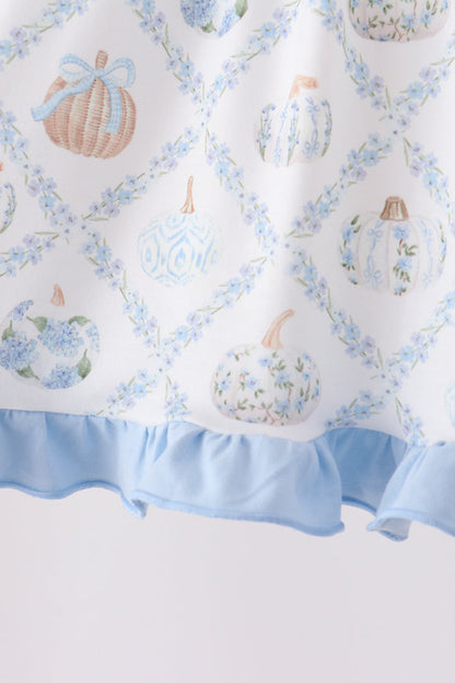 Blue pumpkin embroidery ruffle dress