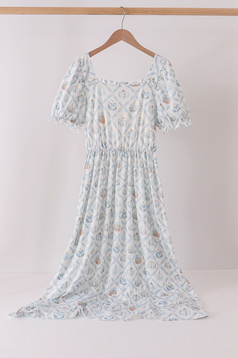 Blue pumpkin ruffle mom dress