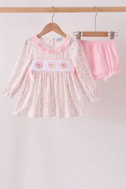 Pink floral turkey embroidery ruffle bloomer set