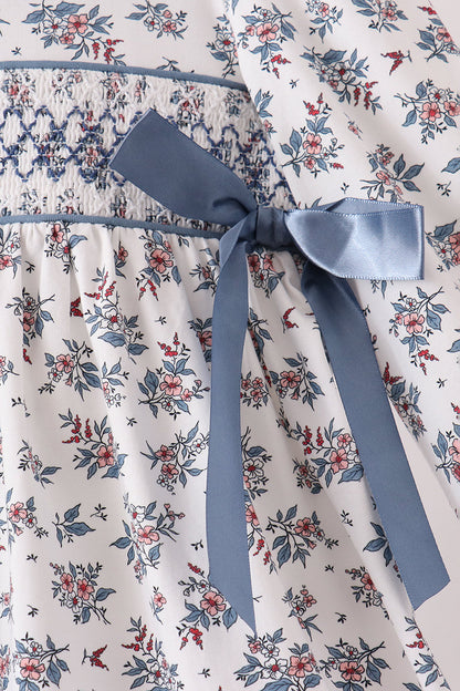 Teal floral smocked bow dress