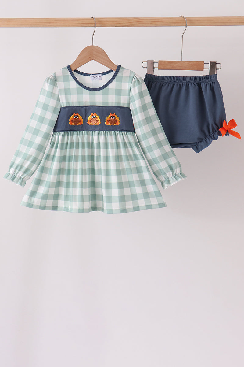 Sage Turkey Embroidery Gingham Ruffle Bloomer Set