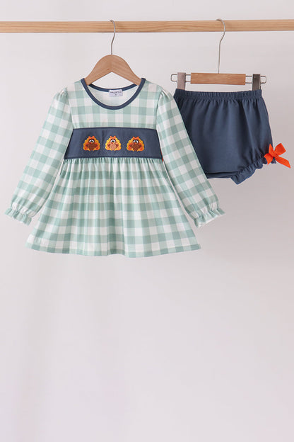 Sage Turkey Embroidery Gingham Ruffle Bloomer Set