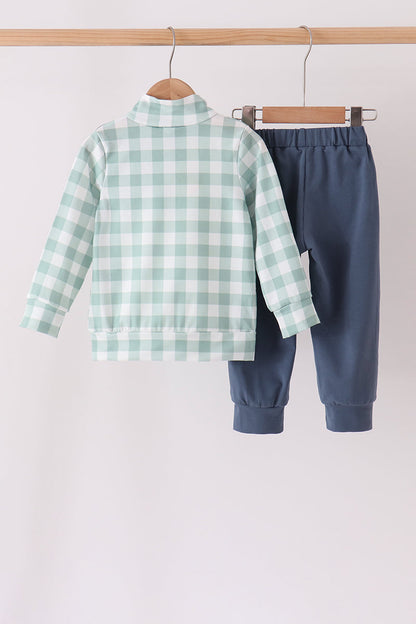 Sage Turkey Embroidery Gingham Jogger Set