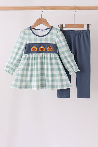 Sage Turkey Embroidery Gingham 2pc Pants Set
