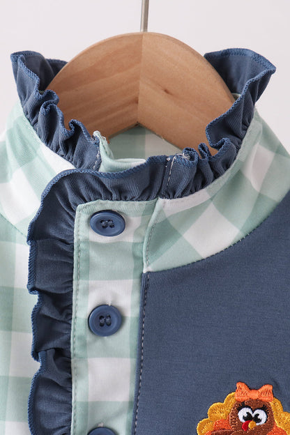 Sage Turkey Embroidery Gingham Ruffle Jogger Set