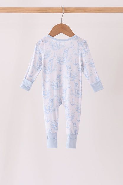 Blue dog bamboo zipper romper