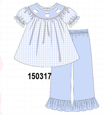 Blue ghost embroidery gingham ruffle pants set