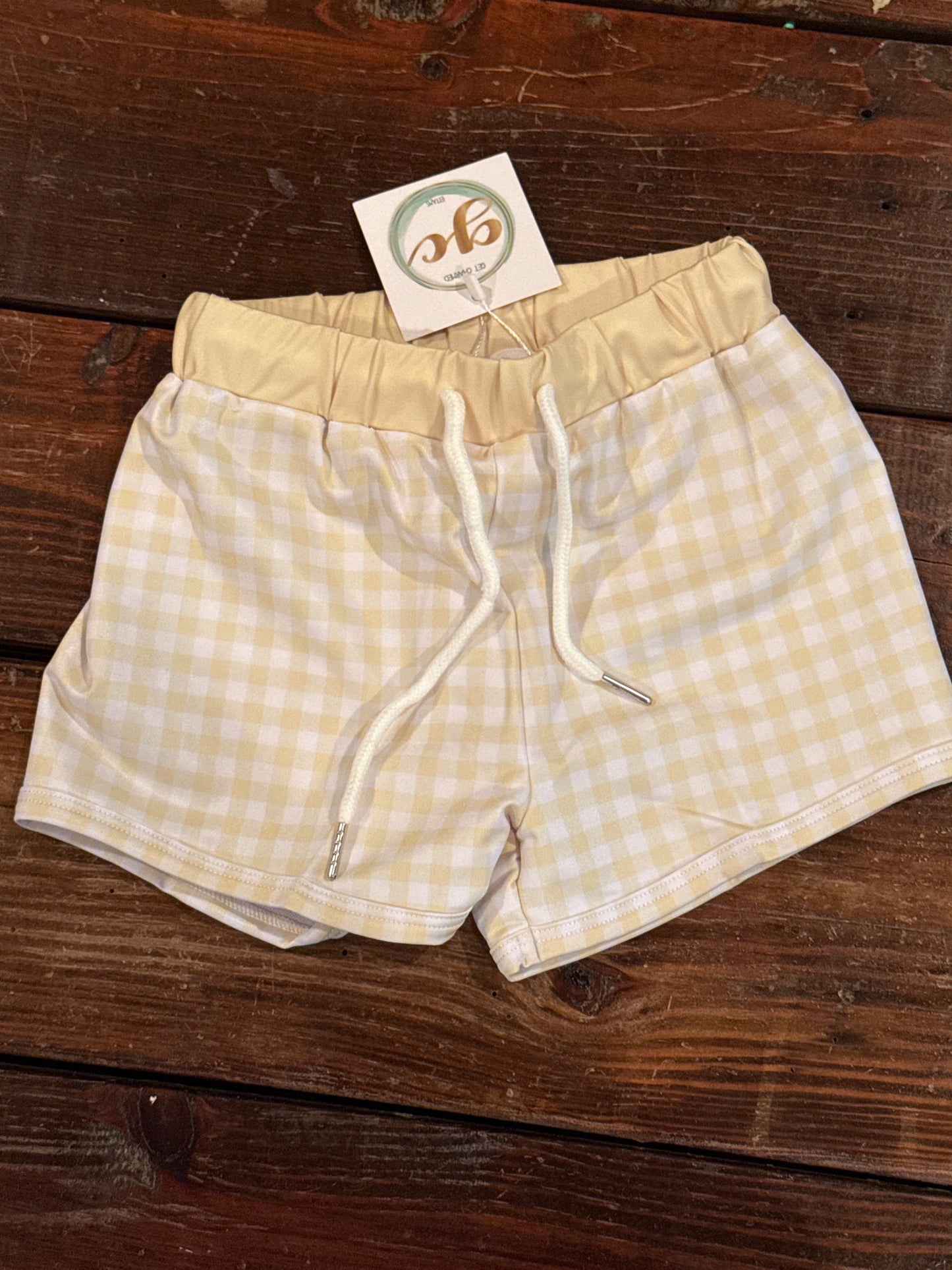 Gingham dad swim trunks