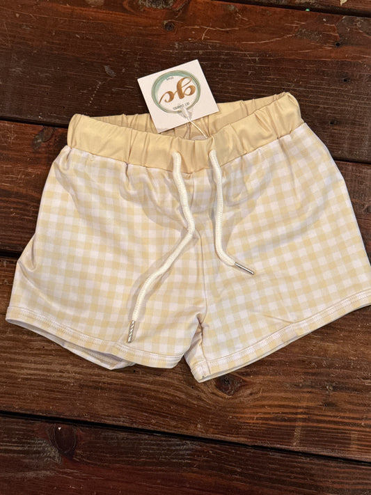 Gingham dad swim trunks