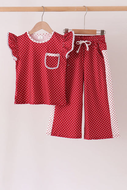 Red polka dot pocket ruffle pants set