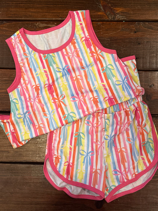 Bow striped girl shorts set