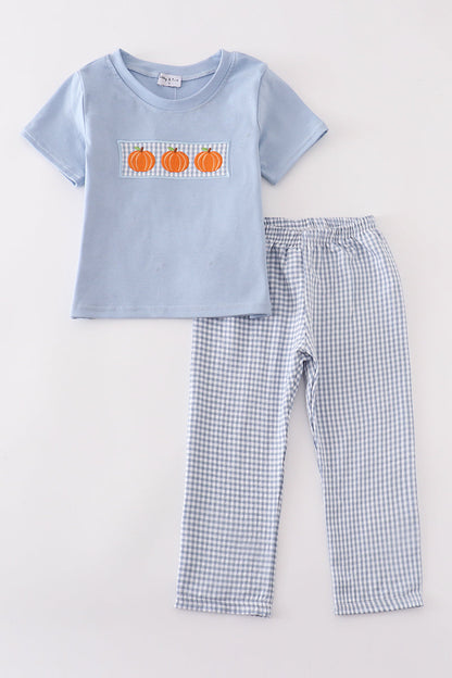 Blue woven check pumpkin embroidery boy set