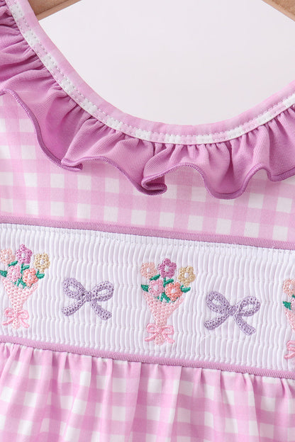 Pink floral bow smocked ruffle bubble