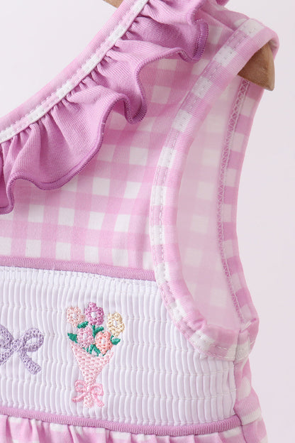 Pink floral bow smocked ruffle bubble