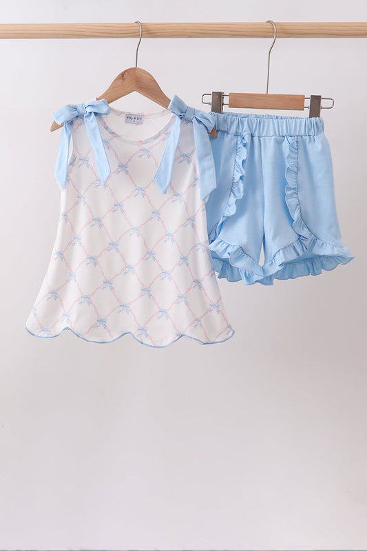Blue bow ribbon print ruffle shorts set