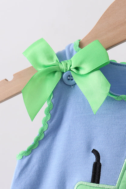 Blue Tractor Applique Seersucker Bloomer Set
