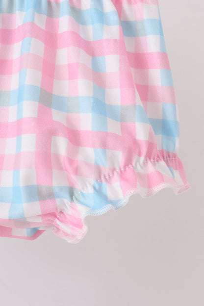 Blue bow french knot ruffle plaid bloomer set