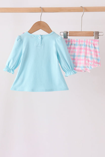 Blue bow french knot ruffle plaid bloomer set