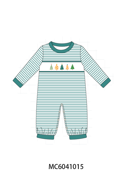 Green Christmas Tree Embroidery Stripe Romper