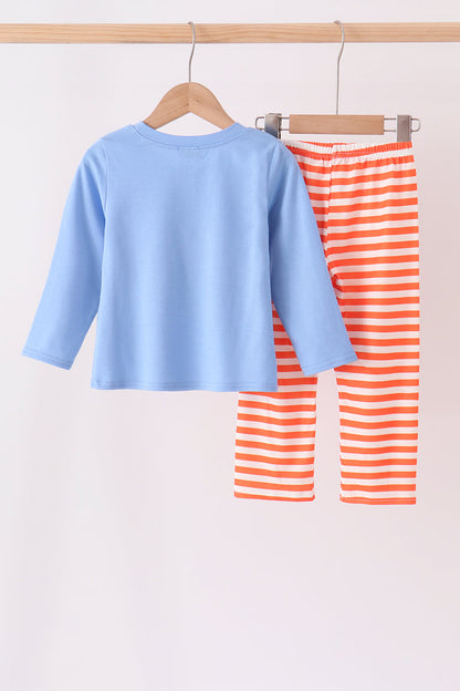 Blue pumpkin applique stripe pants set