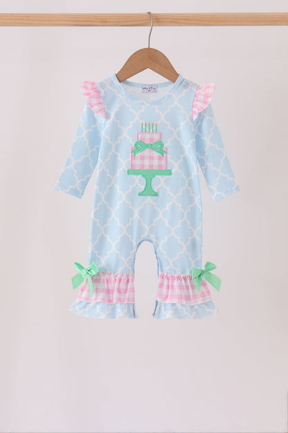 Blue birthday cake appilque ruffle romper