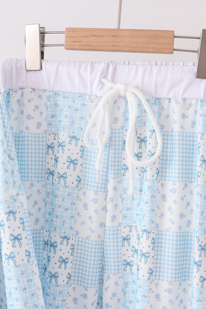 Blue floral bow checkered mom&me pants set