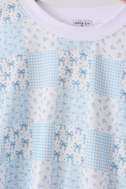Blue floral bow checkered mom&me pants set