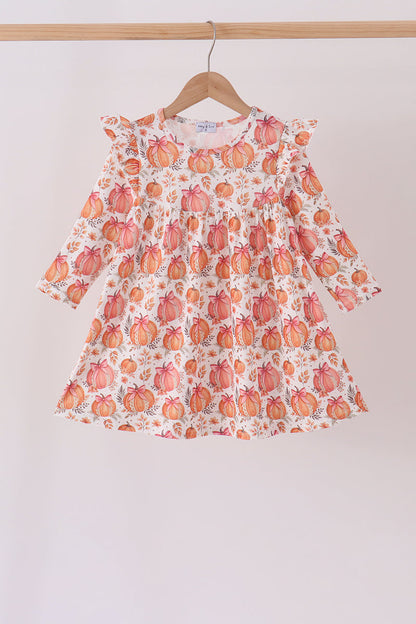Orange Pumpkin Print Ruffle Dress