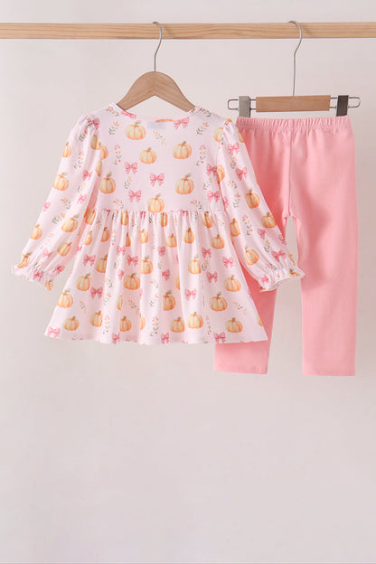 Pink pumpkin bow embroidery ruffle pants set