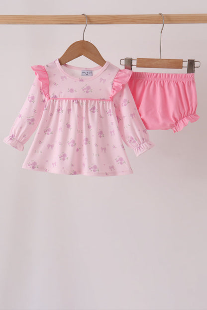 Pink floral bow ruffle bloomer set
