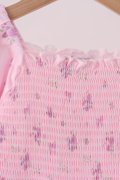 Pink Floral Bow Smocked Jumpsuit