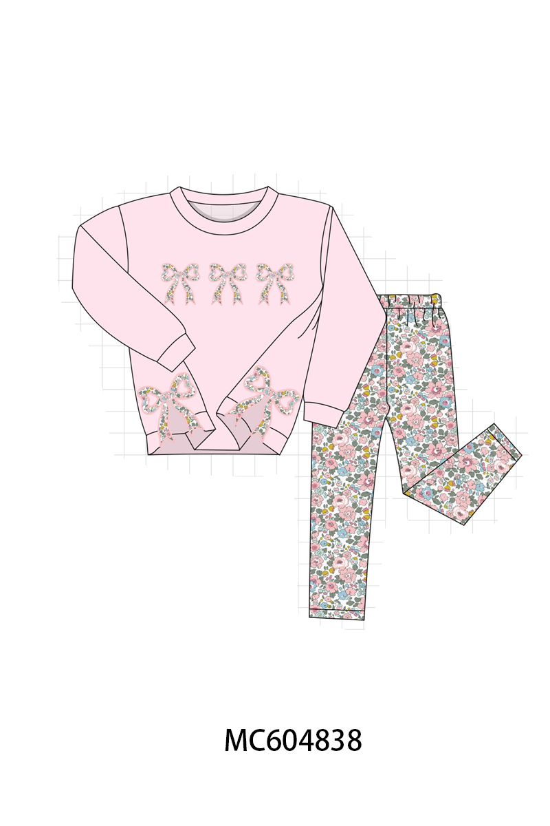 Pink Floral Bow Applique Pants Set