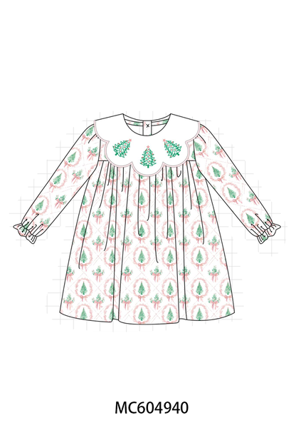 Pink Christmas Tree Embroidery Dress