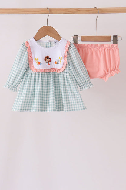 Sage Turkey Embroidery Ruffle Bloomer Set