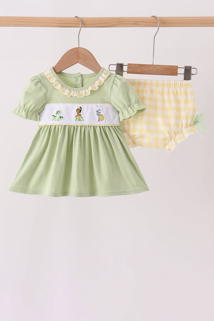 Green Princess Frog Embroidery Ruffle Bloomer Set