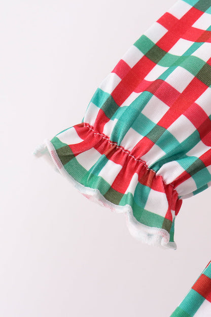 Red Character Embroidery Gingham Ruffle Pants Set