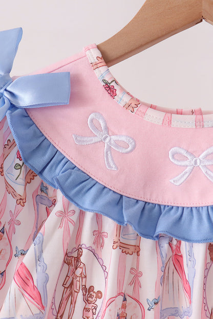 Pink Character Bow Embroidery Ruffle Pants Set