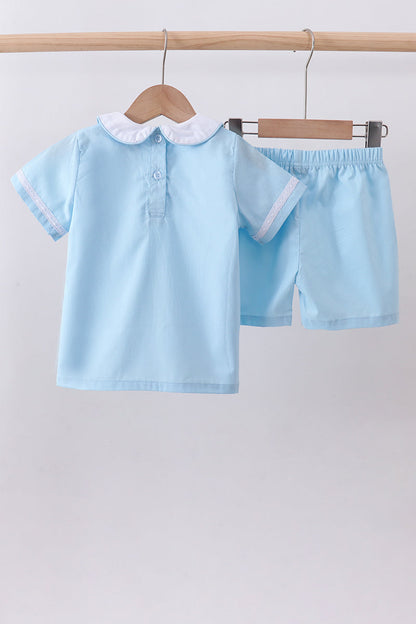 Blue cross embroidery shorts set